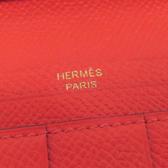 HERMES Long Wallet Purse Epsom Red Bearn Soufflet Gold Metal Women Used Authentic