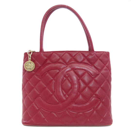 CHANEL Tote Bag Caviar skin Red Replica Tote Gold Metal Women Used Authentic