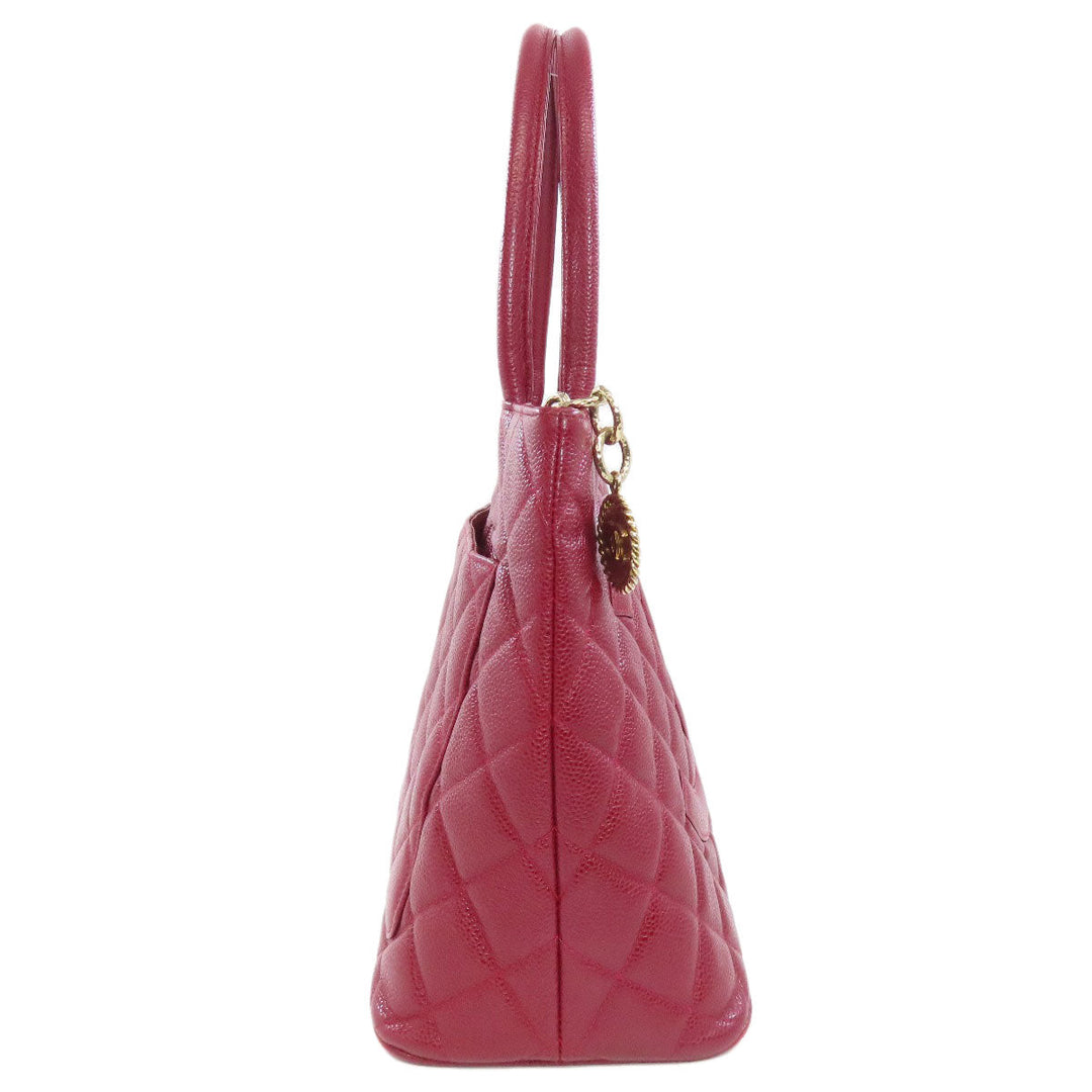CHANEL Tote Bag Caviar skin Red Replica Tote Gold Metal Women Used Authentic