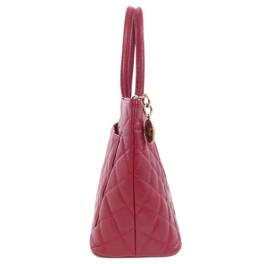 CHANEL Tote Bag Caviar skin Red Replica Tote Gold Metal Women Used Authentic