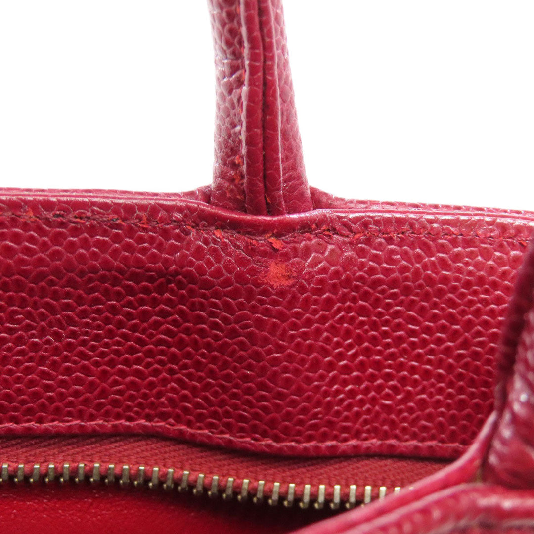 CHANEL Tote Bag Caviar skin Red Replica Tote Gold Metal Women Used Authentic