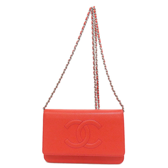 CHANEL Shoulder Bag Grained Calfskin Skin Red Chain wallet COCO Mark