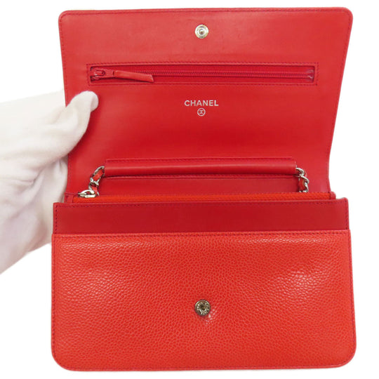 CHANEL Shoulder Bag Grained Calfskin Skin Red Chain wallet COCO Mark