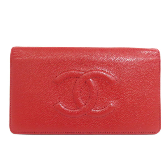 CHANEL Long Wallet Purse Caviar skin Red COCO Mark Women Used Authentic