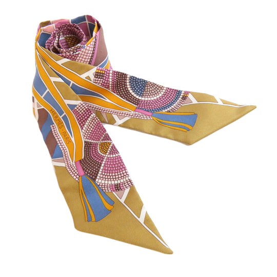HERMES scarf silk Brown Twilly Women Used Authentic
