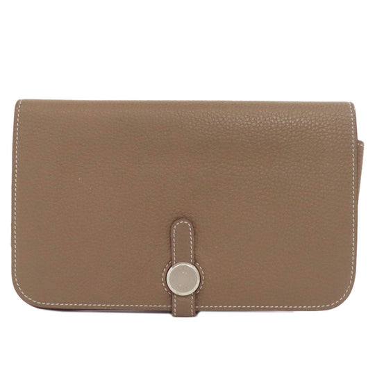 HERMES Long Wallet Purse Togo beige Dogon GM Etop Silver Metal Women Used Authentic