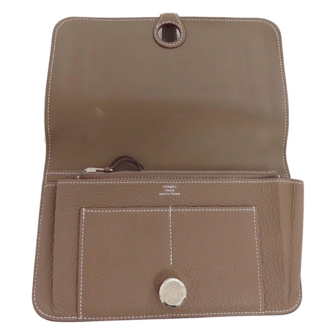 HERMES Long Wallet Purse Togo beige Dogon GM Etop Silver Metal Women Used Authentic