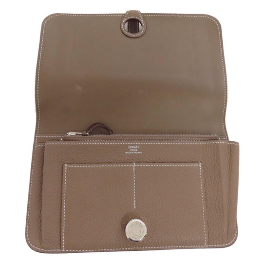 HERMES Long Wallet Purse Togo beige Dogon GM Etop Silver Metal Women Used Authentic