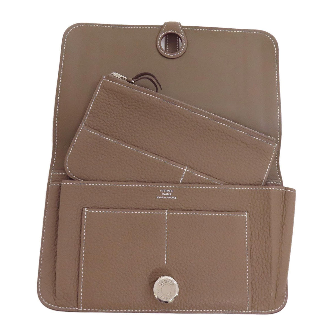 HERMES Long Wallet Purse Togo beige Dogon GM Etop Silver Metal Women Used Authentic
