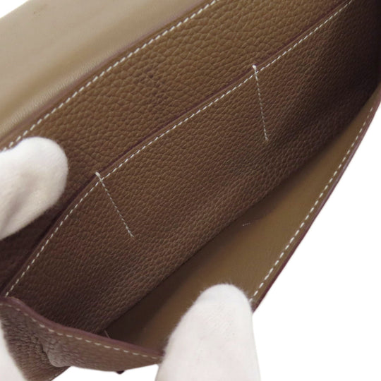 HERMES Long Wallet Purse Togo beige Dogon GM Etop Silver Metal Women Used Authentic