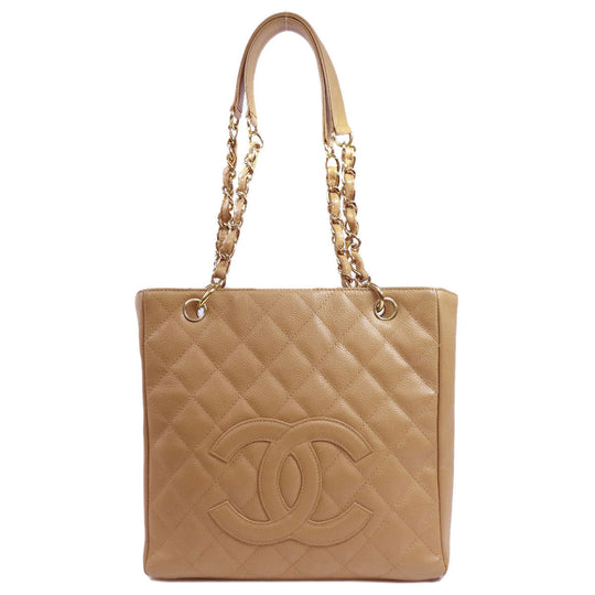 CHANEL Tote Bag Caviar skin beige COCO Mark Chain Bag Gold Metal Women Used Authentic