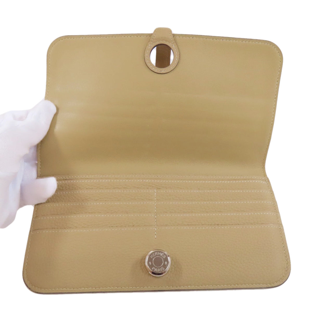 HERMES Long Wallet Purse Togo beige Dogon Long SilverMetal Women Used Authentic