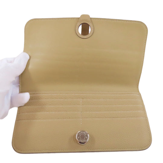 HERMES Long Wallet Purse Togo beige Dogon Long SilverMetal Women Used Authentic