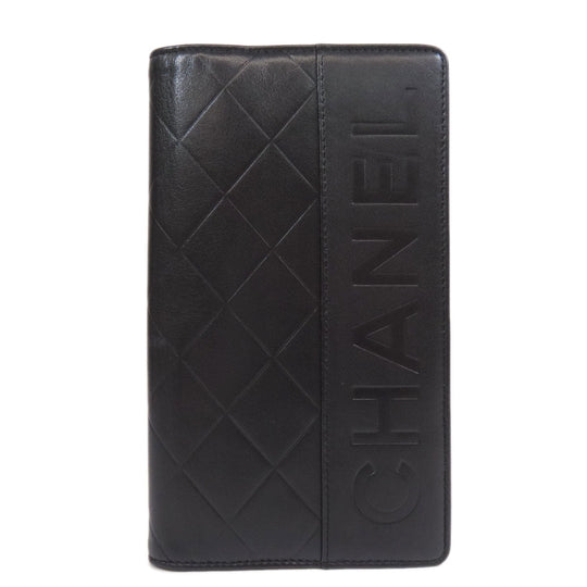 CHANEL Long Wallet Purse Calfskin black logo SilverMetal mens Used Authentic