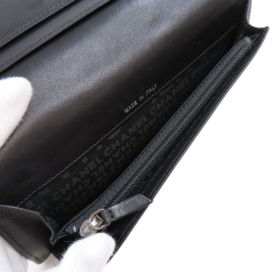 CHANEL Long Wallet Purse Calfskin black logo SilverMetal mens Used Authentic