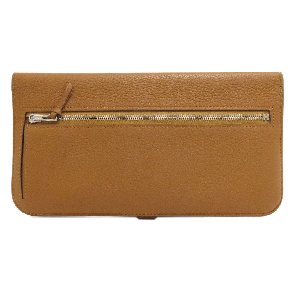 HERMES Long Wallet Purse Taurillon Clemence Brown Dogon Long SilverMetal Women Used Authentic