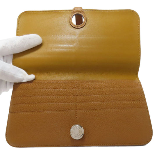 HERMES Long Wallet Purse Taurillon Clemence Brown Dogon Long SilverMetal Women Used Authentic