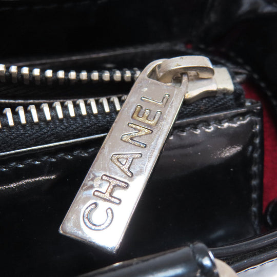 CHANEL Tote Bag enamel black Chocolate bar Silver Metal Women Used Authentic