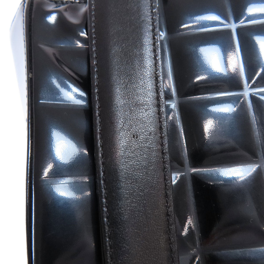 CHANEL Tote Bag enamel black Chocolate bar Silver Metal Women Used Authentic
