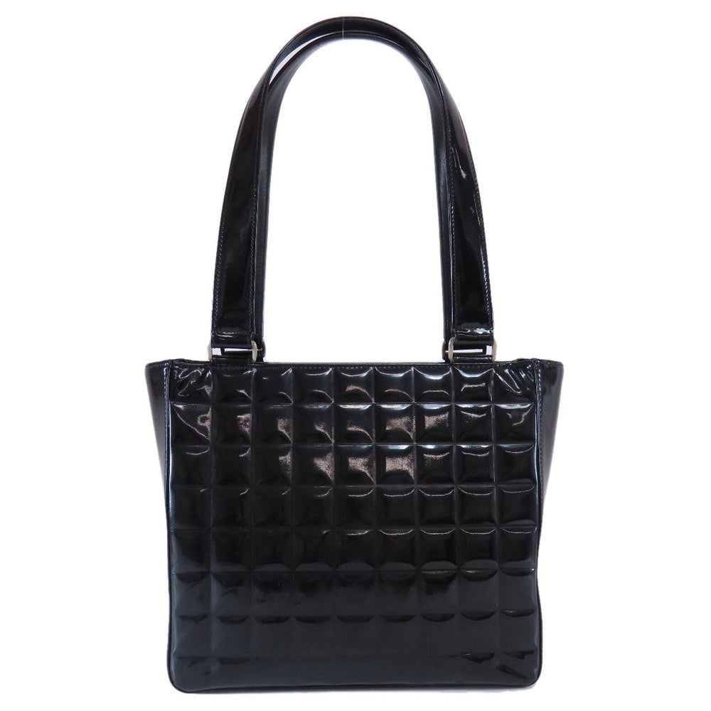 CHANEL Tote Bag enamel black Chocolate bar Silver Metal Women Used Authentic