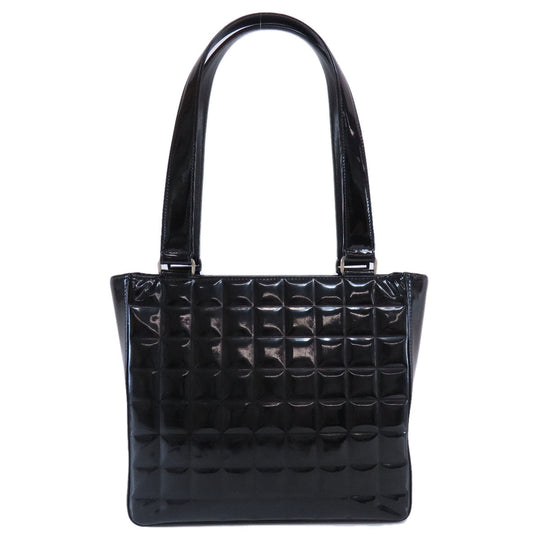 CHANEL Tote Bag enamel black Chocolate bar Silver Metal Women Used Authentic