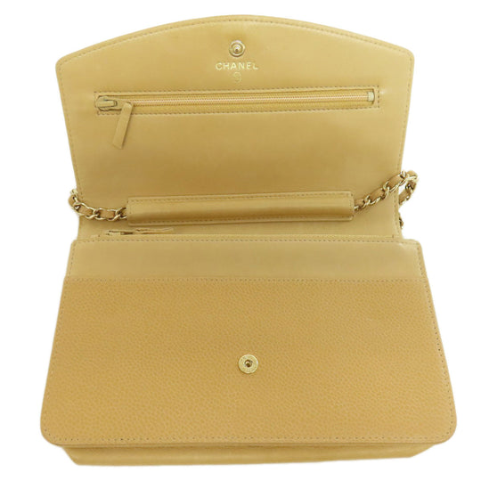 CHANEL Long Wallet Purse Grained Calfskin Skin yellow Chain Wallet COCO Mark Gold Metal