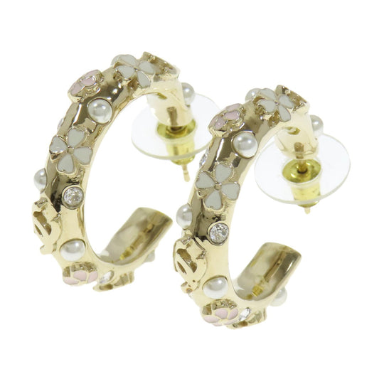 CHANEL Pierce metallic gold Hoop earrings with flower motif Women Used Authentic