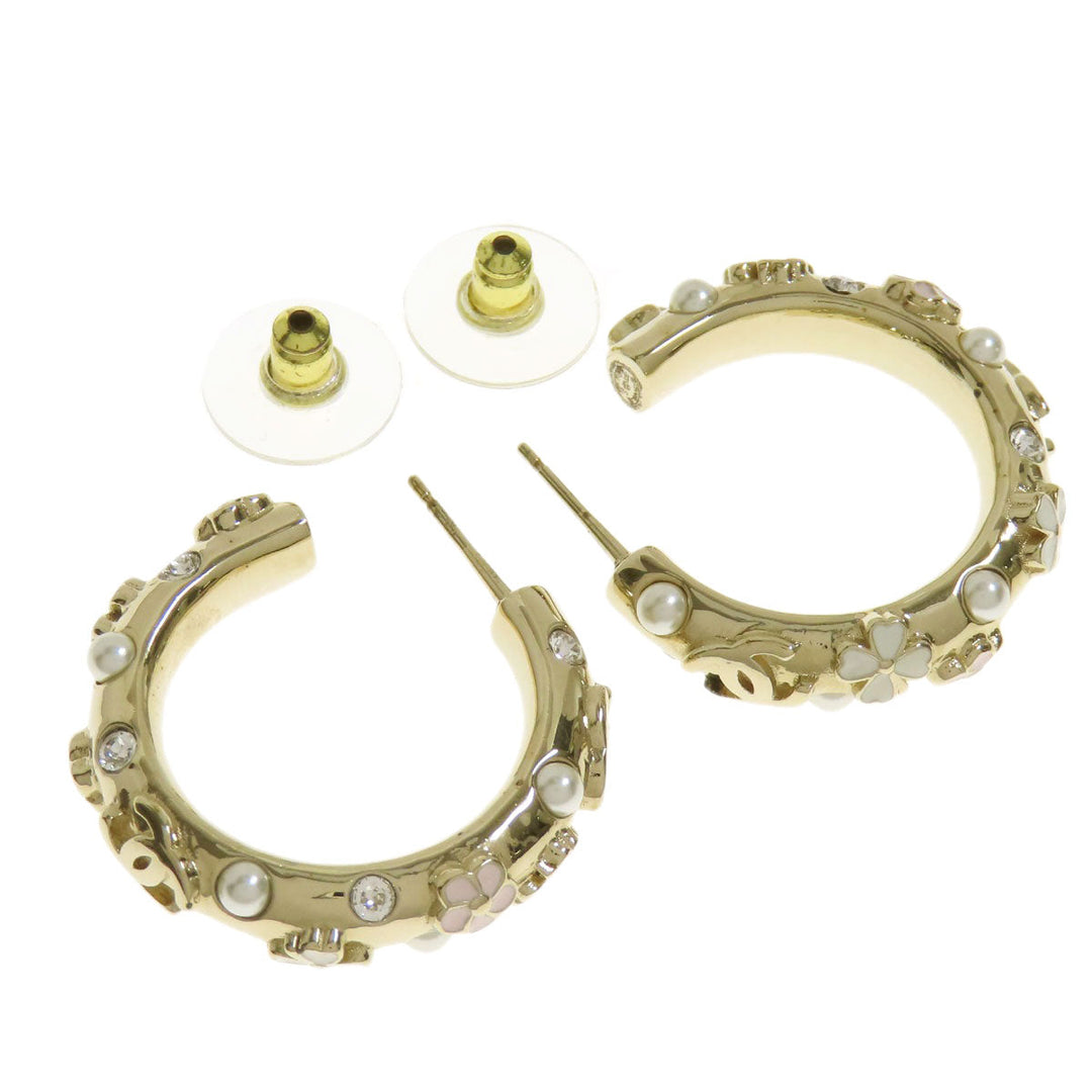 CHANEL Pierce metallic gold Hoop earrings with flower motif Women Used Authentic