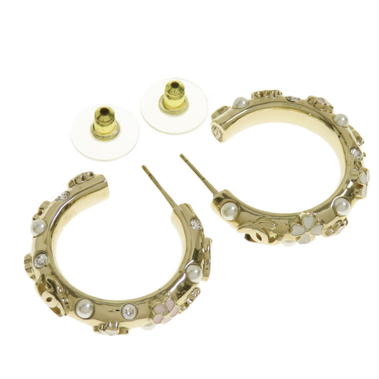 CHANEL Pierce metallic gold Hoop earrings with flower motif Women Used Authentic