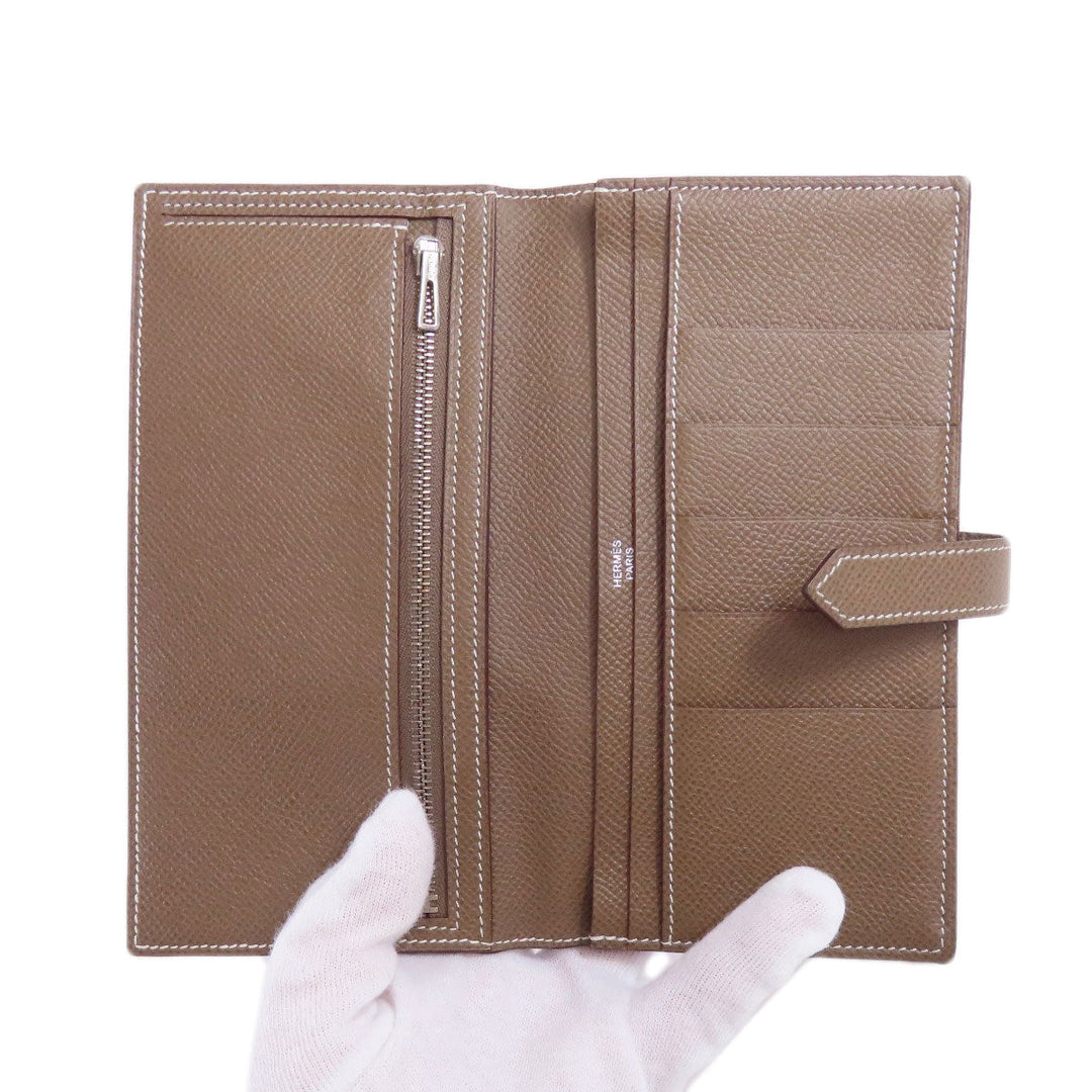 HERMES Long Wallet Purse Taurillon Clemence beige Bearn soufflet etope SilverMetal Women Used Authentic