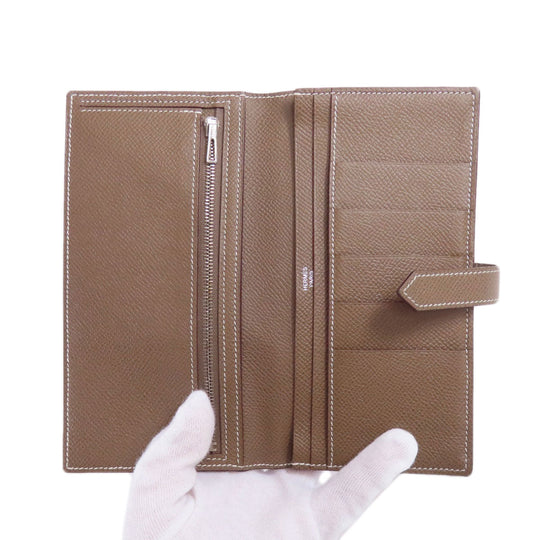 HERMES Long Wallet Purse Taurillon Clemence beige Bearn soufflet etope SilverMetal Women Used Authentic