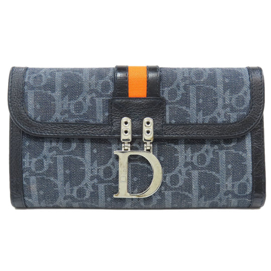 Christian Dior Long Wallet Purse denim Navy Trotter Pattern Women Used Authentic