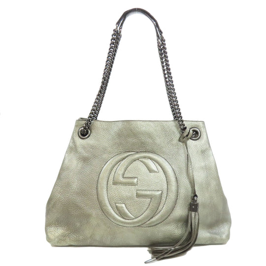 GUCCI Tote Bag 308982 leather Silver Soho Interlocking G Women Used Authentic