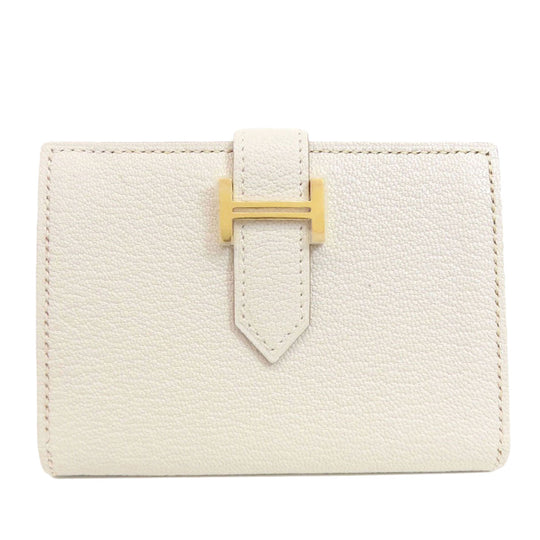 HERMES Card Case leather white Bearn Gold Metal Women Used Authentic