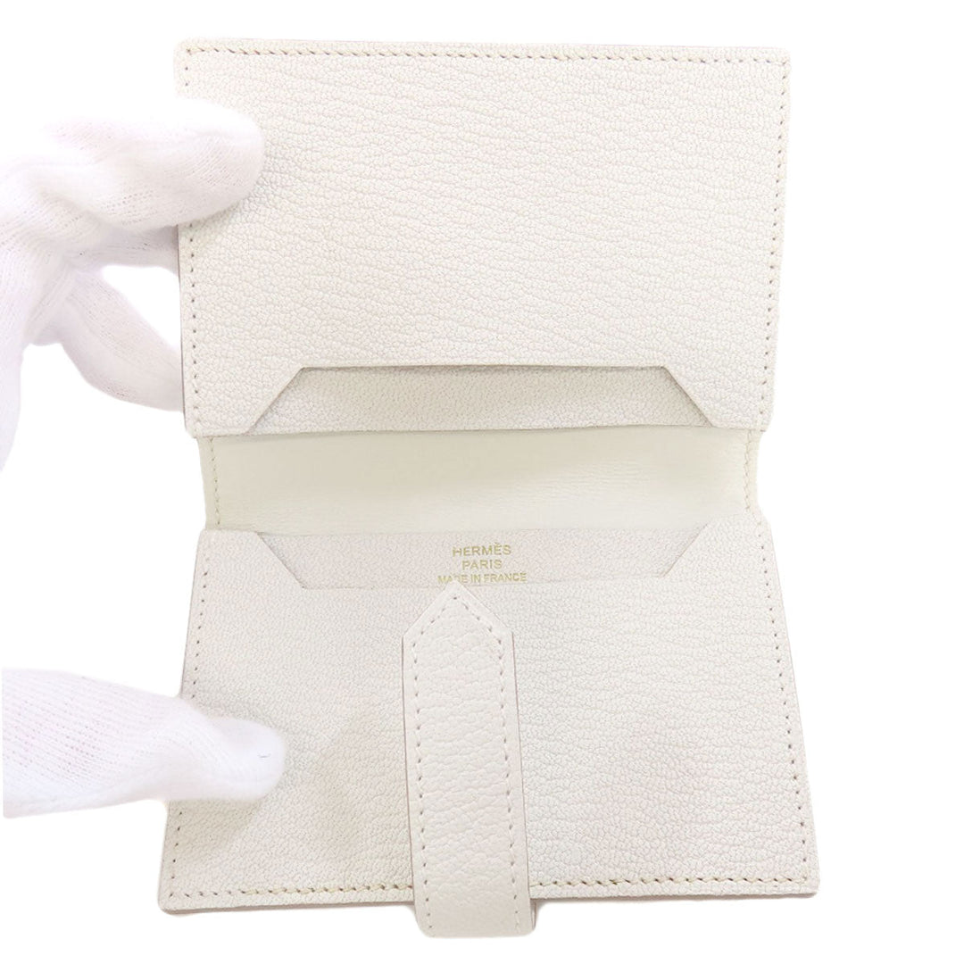 HERMES Card Case leather white Bearn Gold Metal Women Used Authentic