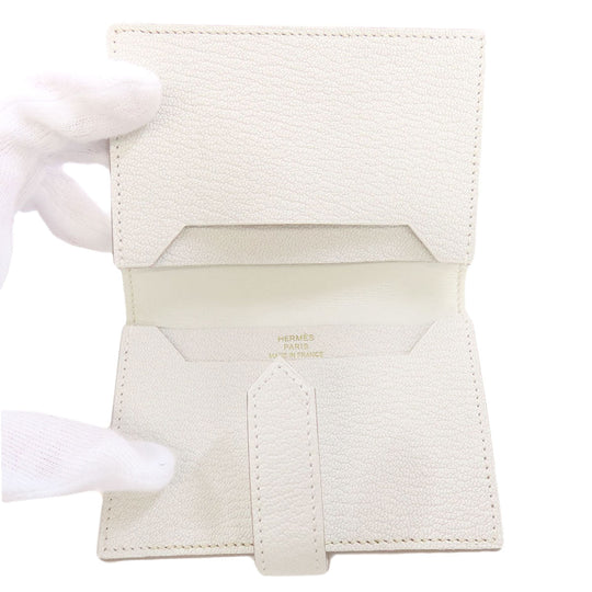 HERMES Card Case leather white Bearn Gold Metal Women Used Authentic