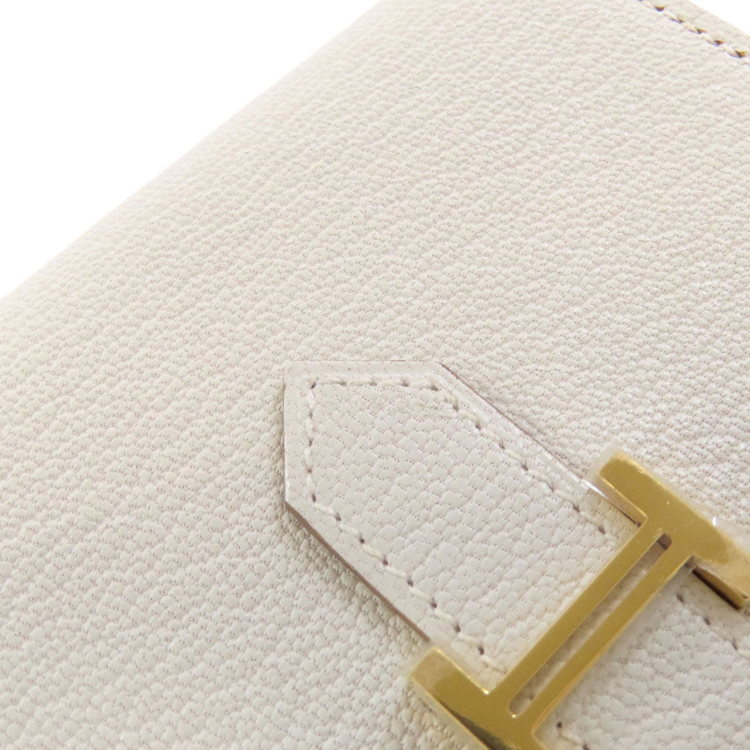 HERMES Card Case leather white Bearn Gold Metal Women Used Authentic