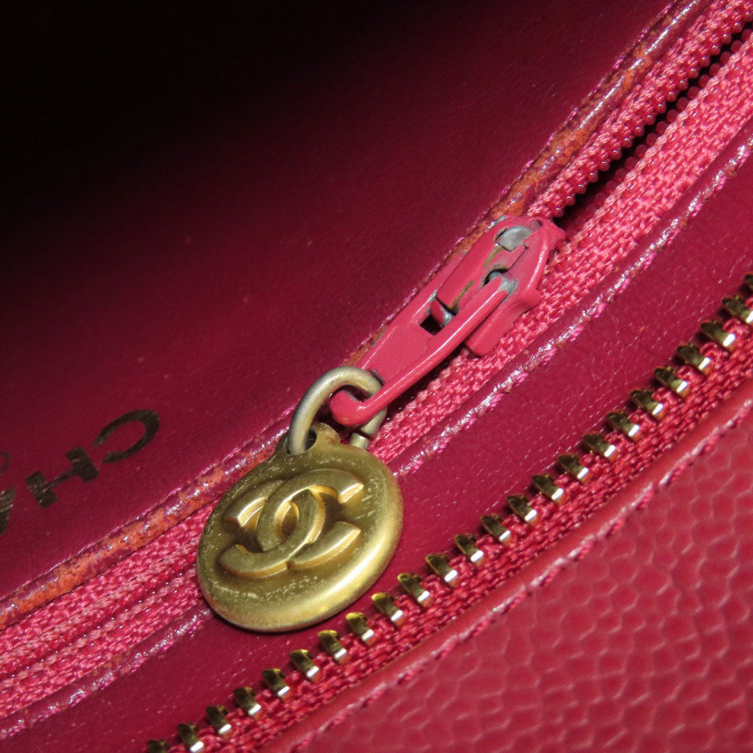 CHANEL Tote Bag Caviar skin Red Replica Tote Gold Metal Women Used Authentic