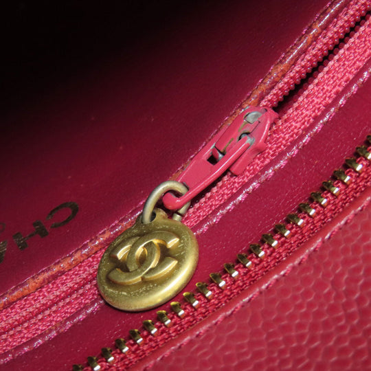 CHANEL Tote Bag Caviar skin Red Replica Tote Gold Metal Women Used Authentic