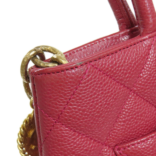 CHANEL Tote Bag Caviar skin Red Replica Tote Gold Metal Women Used Authentic