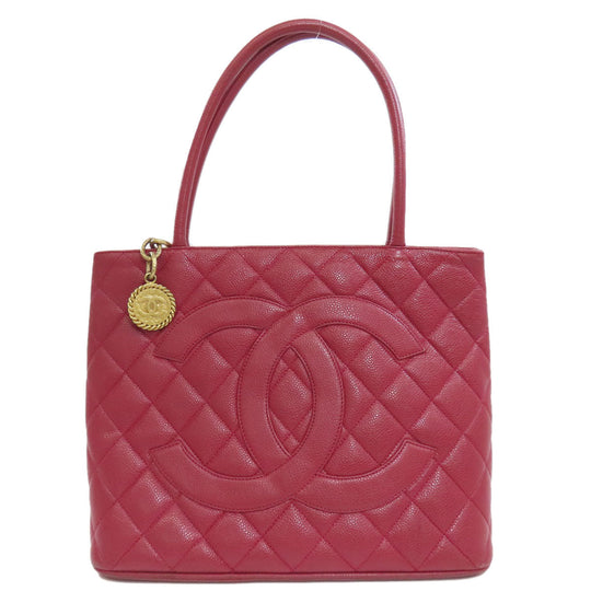 CHANEL Tote Bag Caviar skin Red Replica Tote Gold Metal Women Used Authentic