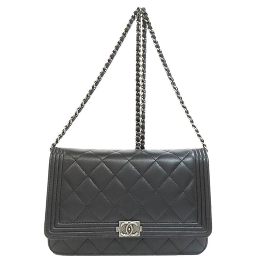 CHANEL Long Wallet Purse lambskin black Chain Wallet Boy Chanel SilverMetal