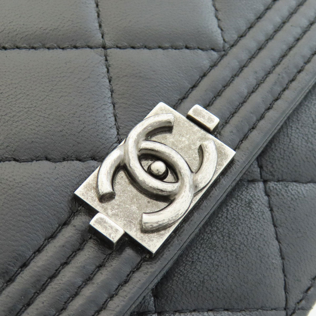 CHANEL Long Wallet Purse lambskin black Chain Wallet Boy Chanel SilverMetal