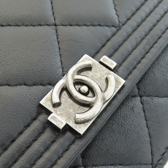 CHANEL Long Wallet Purse lambskin black Chain Wallet Boy Chanel SilverMetal