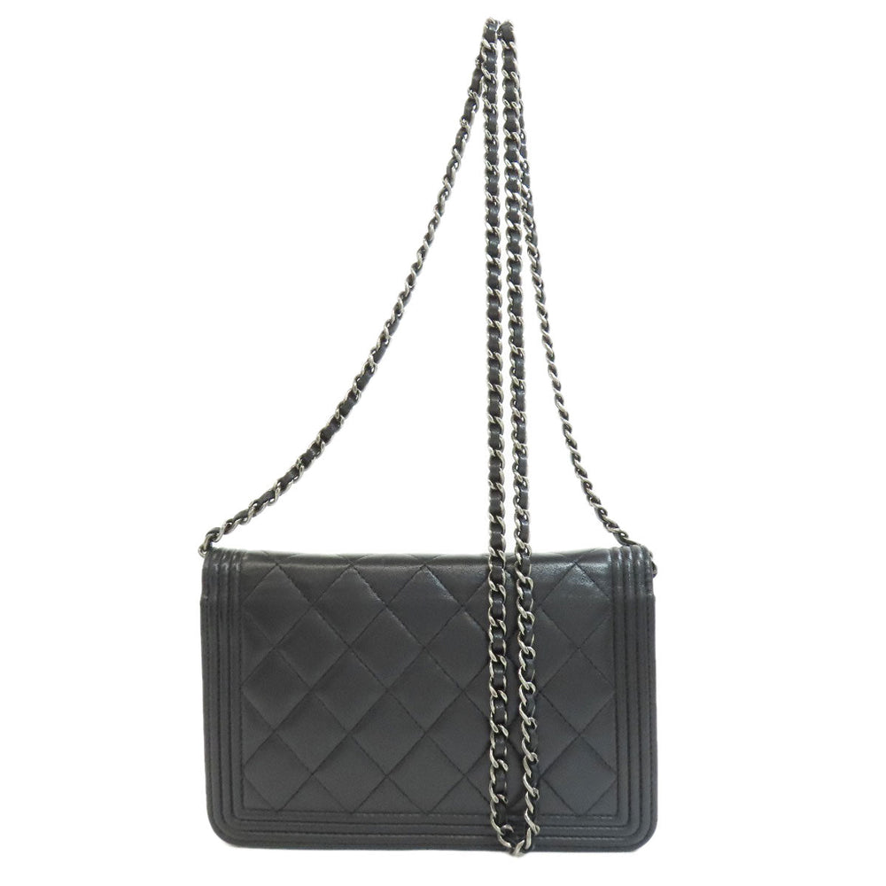 CHANEL Long Wallet Purse lambskin black Chain Wallet Boy Chanel SilverMetal