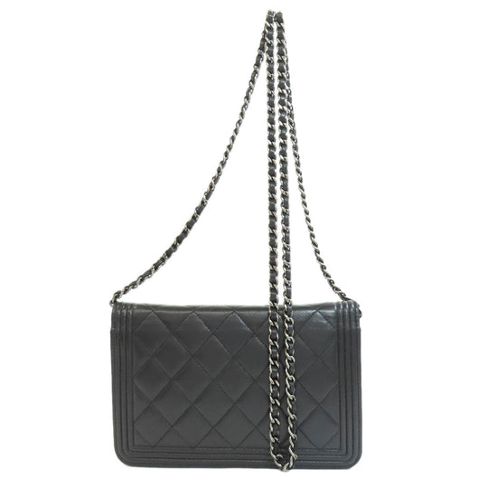 CHANEL Long Wallet Purse lambskin black Chain Wallet Boy Chanel SilverMetal