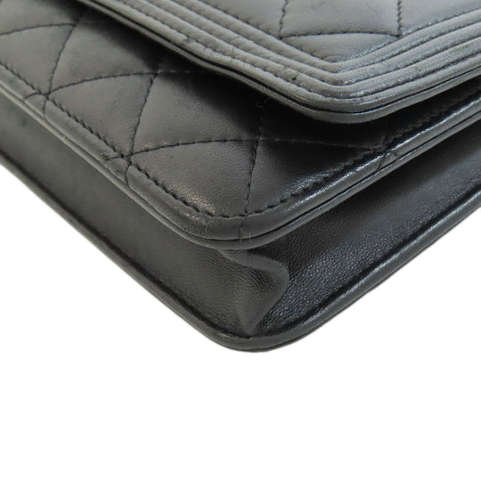 CHANEL Long Wallet Purse lambskin black Chain Wallet Boy Chanel SilverMetal