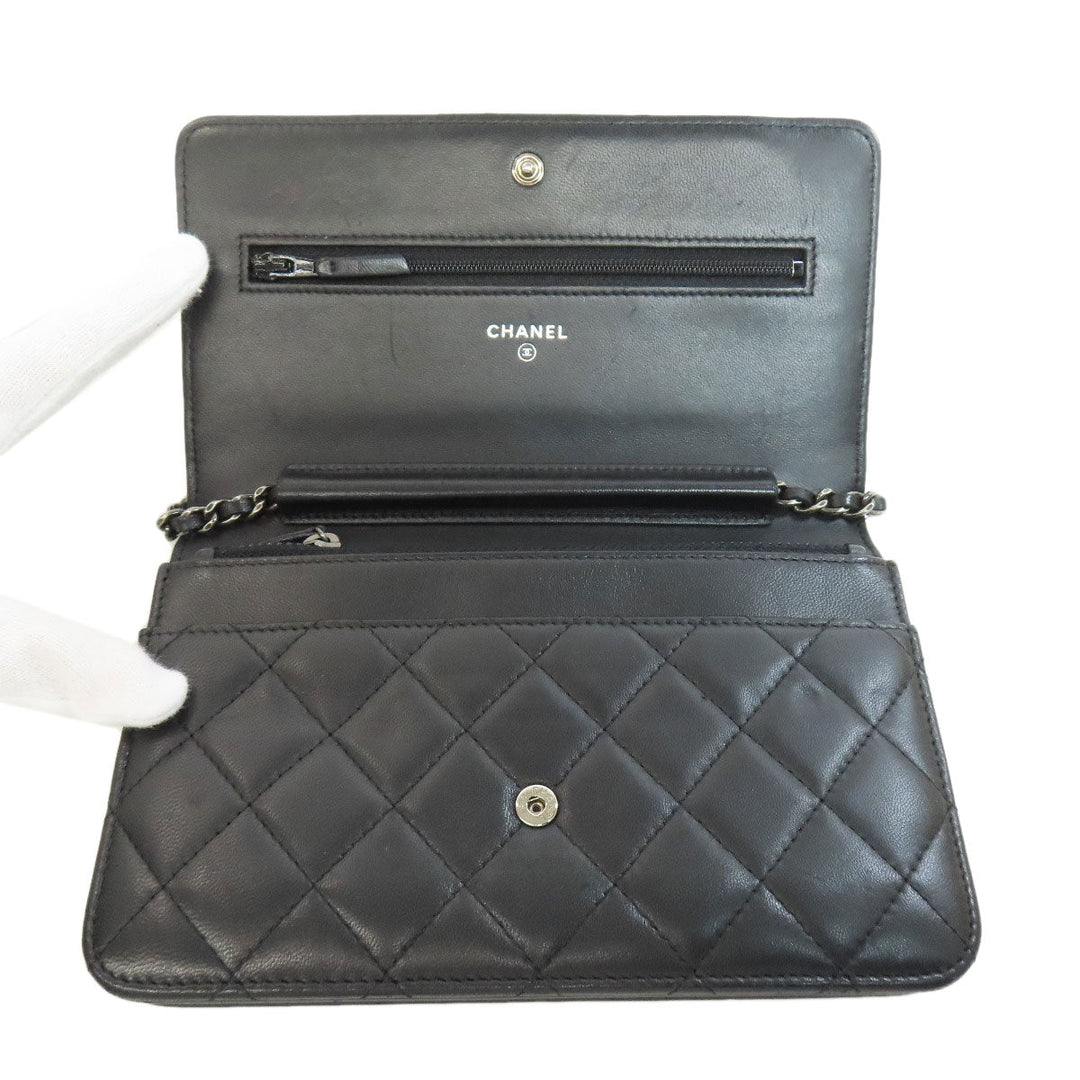 CHANEL Long Wallet Purse lambskin black Chain Wallet Boy Chanel SilverMetal