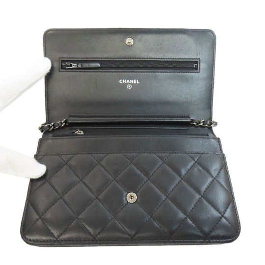 CHANEL Long Wallet Purse lambskin black Chain Wallet Boy Chanel SilverMetal