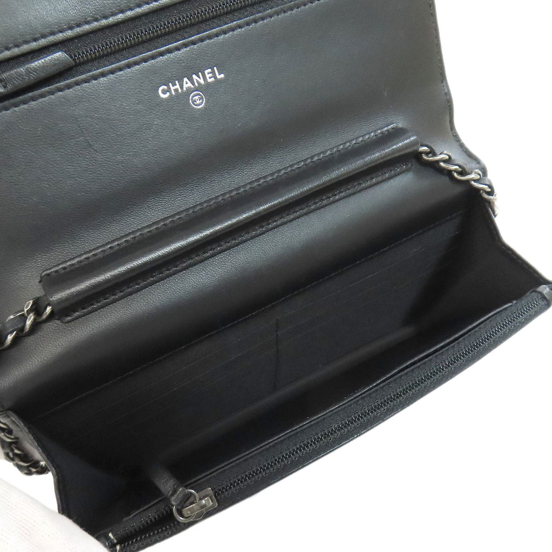 CHANEL Long Wallet Purse lambskin black Chain Wallet Boy Chanel SilverMetal